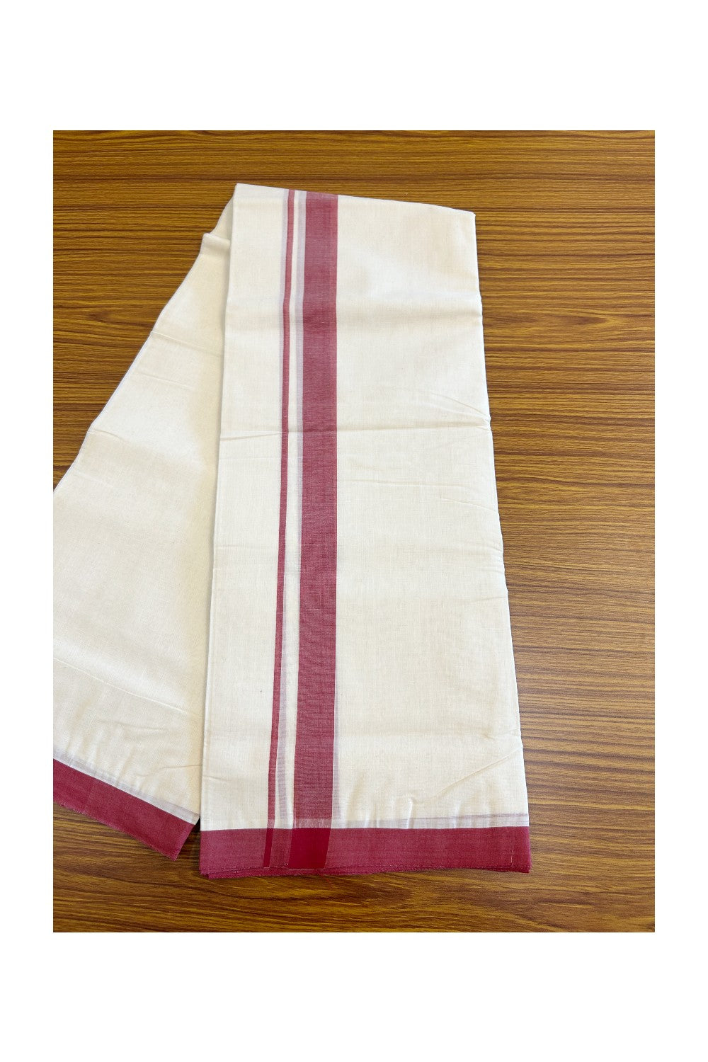 30% Discount! KaithariKada Balaramapuram Handloom 100% Millpaav Cotton Double Mundu/Dhoti Off white (Unbleached) - 100x100 1.5inch Brick Red Mulloth Border 3.62m (8 Muzham) - 4KK420RAM