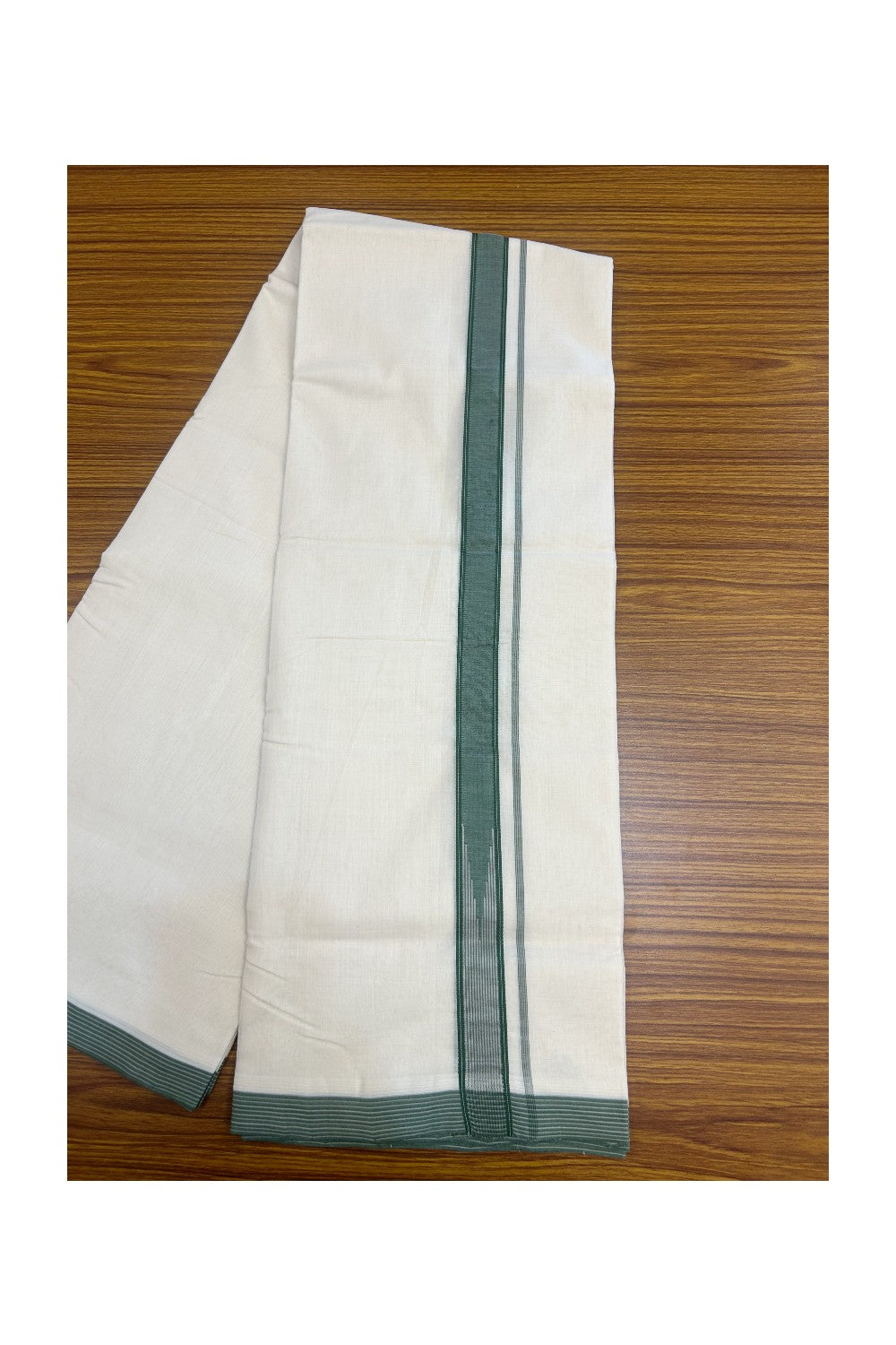 25% DISCOUNT!! KaithariKada HANDLOOM  UNAKKUPAAV Balaramapuram - 100% PURE Cotton OFF White - (Unbleached) Double Mundu/Dothi - 100x100 - Puliyilakkara 1 inch Green & Light grey striped chutty 3.80 meter (8.5 Muzham) - 10KK5167REA