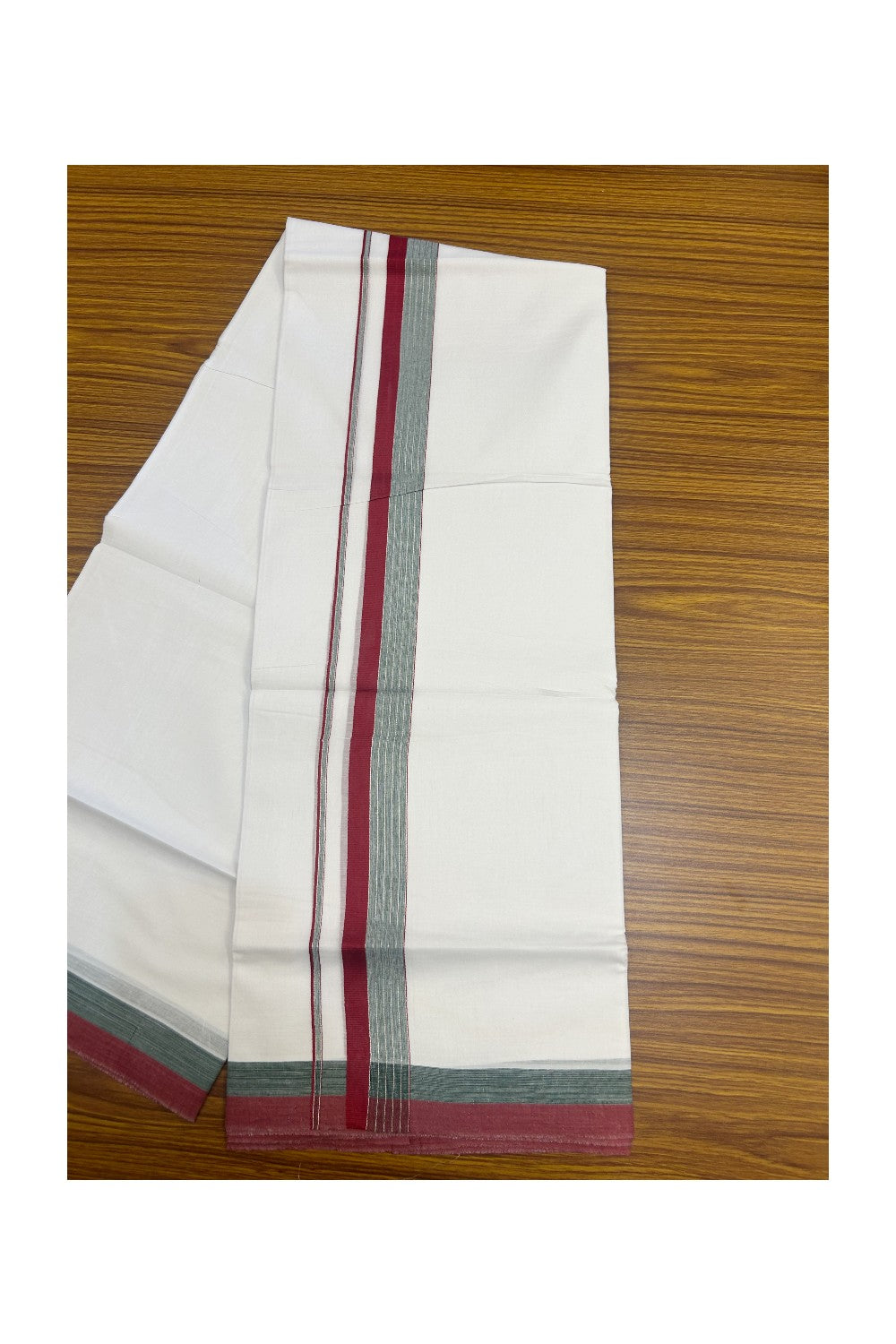 20% DISCOUNT ! KaithariKada Balaramapuram 100% Cotton Double PURE WHITE Mundu/Dhoti - 100X80 - 1.5 inch Silver kasavu Peach Maroon & Green Shaded Stripes kara - 25KK5172PMC