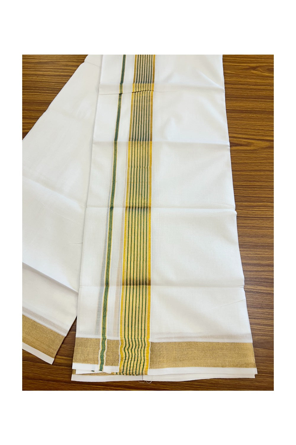 20% DISCOUNT! Kaitharikada Balaramapuram 100% Cotton PURE WHITE Double Mundu/Dothi- 80x80 - 1.75 Inch Gold Kasavu & Blue Green striped Kara -26KK5182VAS