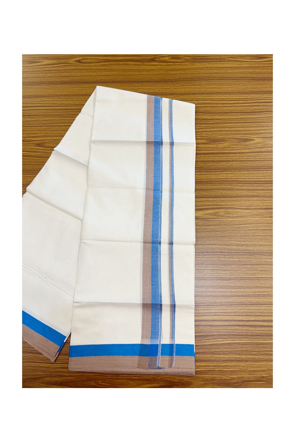 20% DISCOUNT !! KaithariKada Balaramapuram 100% Pure Cotton Double Off white - (Unbleached) Mundu/Dhoti-100x100 - 1.5 inch Puliyilakkara Silver Kasavu Blue & Brown Shaded Stripes Kara - 26KK5186CKS