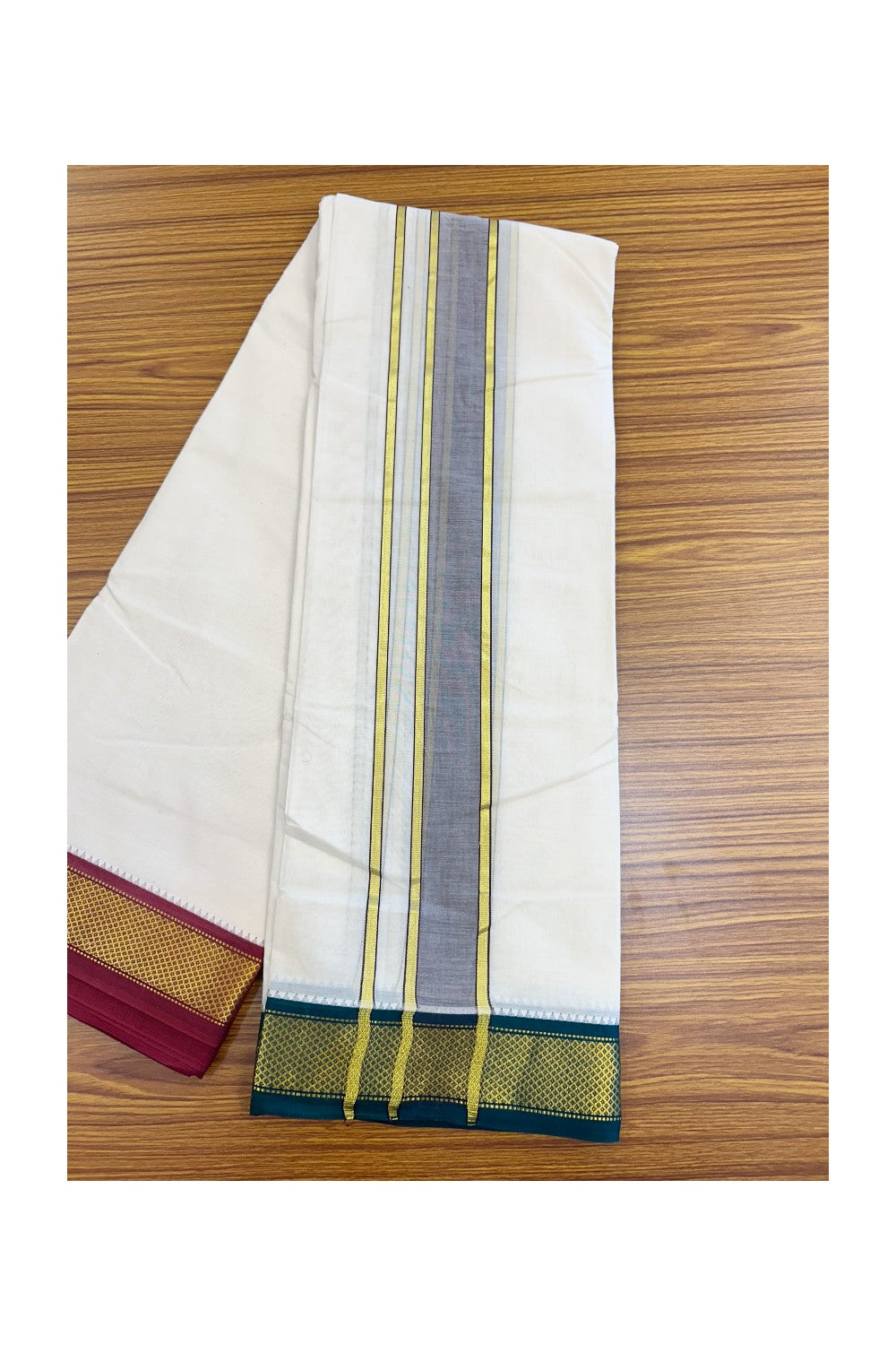 20% DISCOUNT! KaithariKada 100% Cotton Off White - (Unbleached) 100x100 thread - NORTH INDIAN- ATTACHED GAMCHA 10X6 Dhoti 2 inch Violet kara with Maroon & Dark Green Kasavu border - 26KK5196PMC