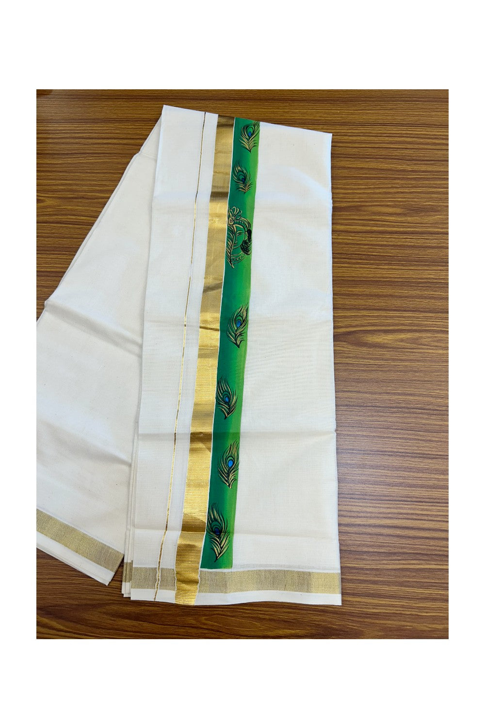 29% Discount! KaithariKada Balaramapuram 100% Cotton off white Double - (Unbleached) Mundu/Dhoti- 80x90 - Gold Kasavu HAND PAINT Dark Green & Light Green Peacock Feather Krishna Pattern 2.25 inch Kara - 26KK5212 VIN