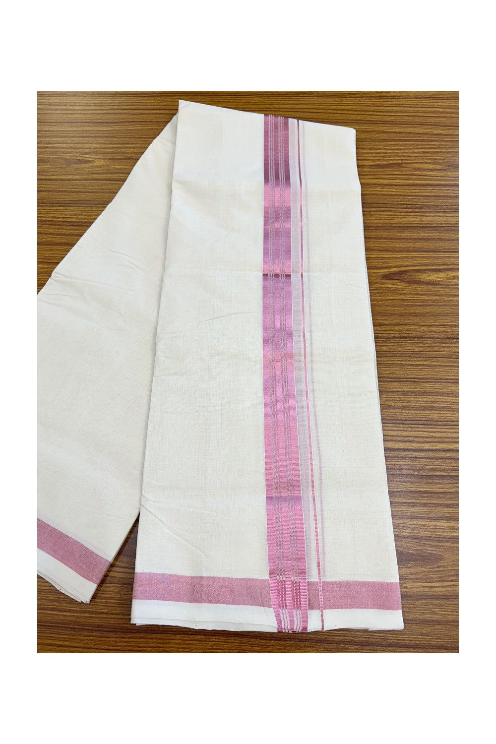 25% Discount! KaithariKada HANDLOOM MILLPAAV Balaramapuram - 100% PURE Cotton OFF White (Unbleached) Double Mundu/Dothi -80x90 - 1.5 inch ROSE PINK Kasav Striped kara 4 mtr (8.5 muzham) - 26KK5234 RAM
