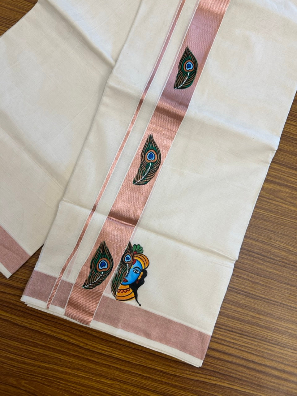 24% Discount! KaithariKada 100% Cotton Double Off white - (Ubleached) Mundu / Dhoti - 100x80 1.5 inch Copper Silver Kasavu & Hand Painted Krishna Peacock - 26 KK5259 CKS