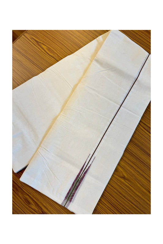 30% DISCOUNT!! KaithariKada HANDLOOM Millpaav Balaramapuram - 100% PURE Cotton OFF White (Unbleached) Double Mundu/Dothi - Maroon & parrot green striped puliyilakkara chutty- 26KK86RAM