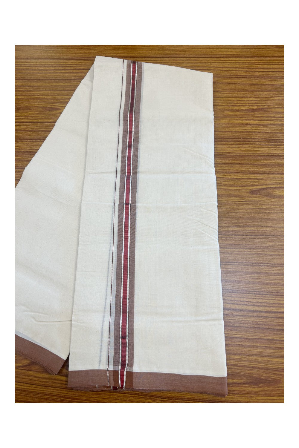 31% DISCOUNT!! KaithariKada HANDLOOM Millpaav Balaramapuram - 100% PURE Cotton OFF White Double - (Unbleached) Mundu/Dothi - 1.75 Inch Silver Red Kasav Brown kara - 26kk5153RAM
