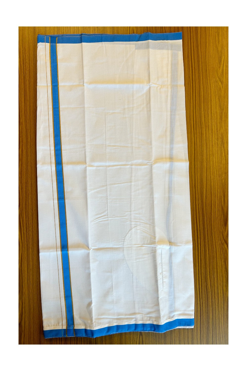 KaithariKada Balaramapuram COTTON SINGLE PURE WHITE VELCRO Mundu/Dhoti - 1.75inch Blue & Side Kasavu kara  (2 metre / 4 muzham)- 26KK485SRI
