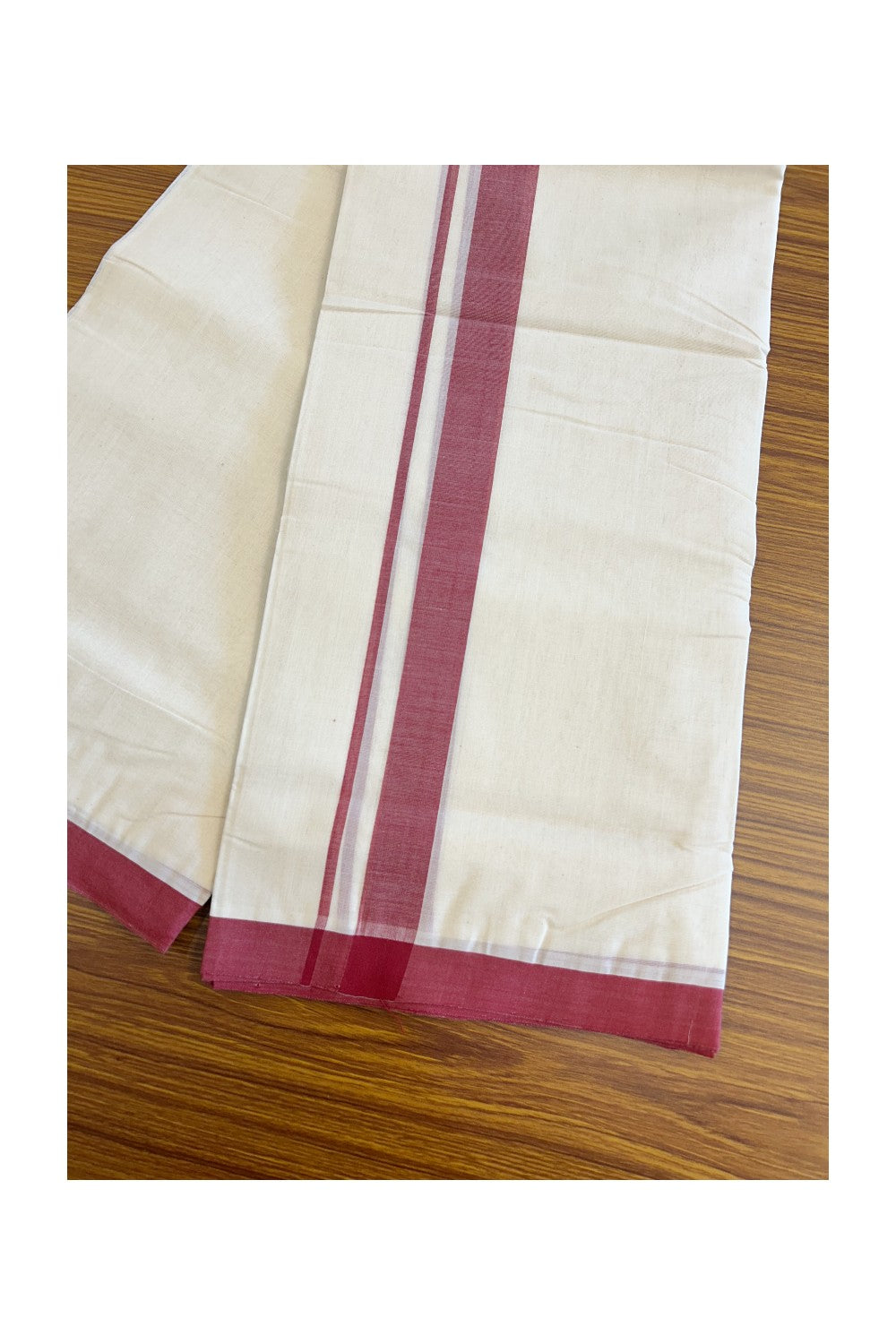 30% Discount! KaithariKada Balaramapuram Handloom 100% Millpaav Cotton Double Mundu/Dhoti Off white (Unbleached) - 100x100 1.5inch Brick Red Mulloth Border 3.62m (8 Muzham) - 4KK420RAM