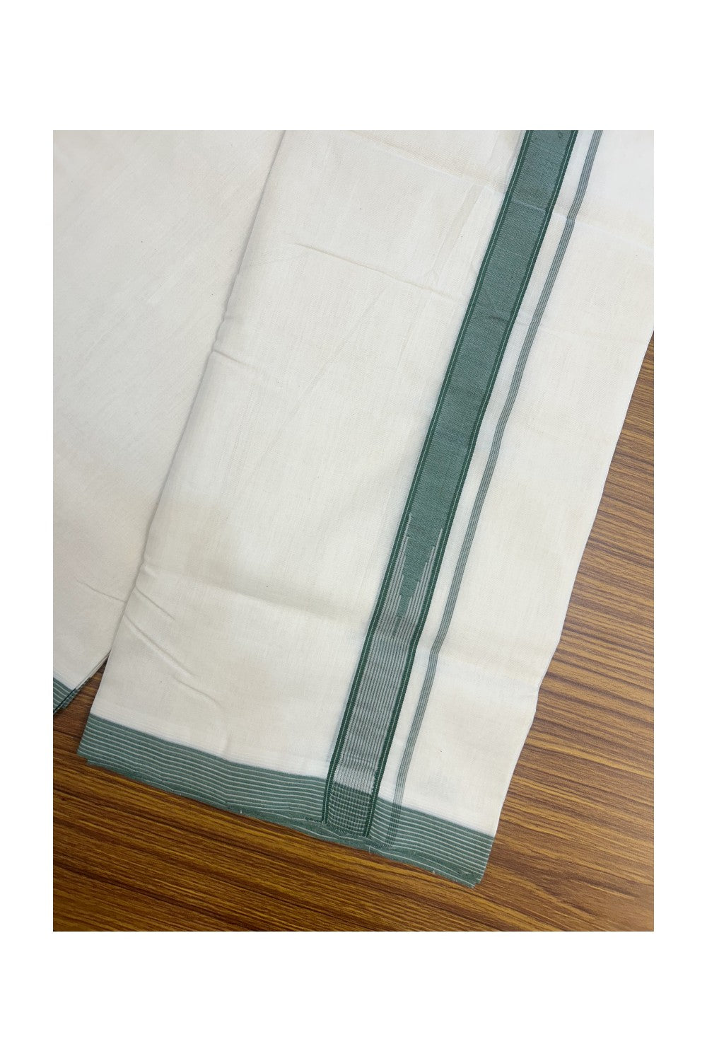 25% DISCOUNT!! KaithariKada HANDLOOM  UNAKKUPAAV Balaramapuram - 100% PURE Cotton OFF White - (Unbleached) Double Mundu/Dothi - 100x100 - Puliyilakkara 1 inch Green & Light grey striped chutty 3.80 meter (8.5 Muzham) - 10KK5167REA