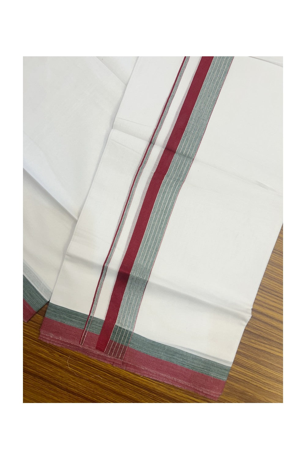 20% DISCOUNT ! KaithariKada Balaramapuram 100% Cotton Double PURE WHITE Mundu/Dhoti - 100X80 - 1.5 inch Silver kasavu Peach Maroon & Green Shaded Stripes kara - 25KK5172PMC