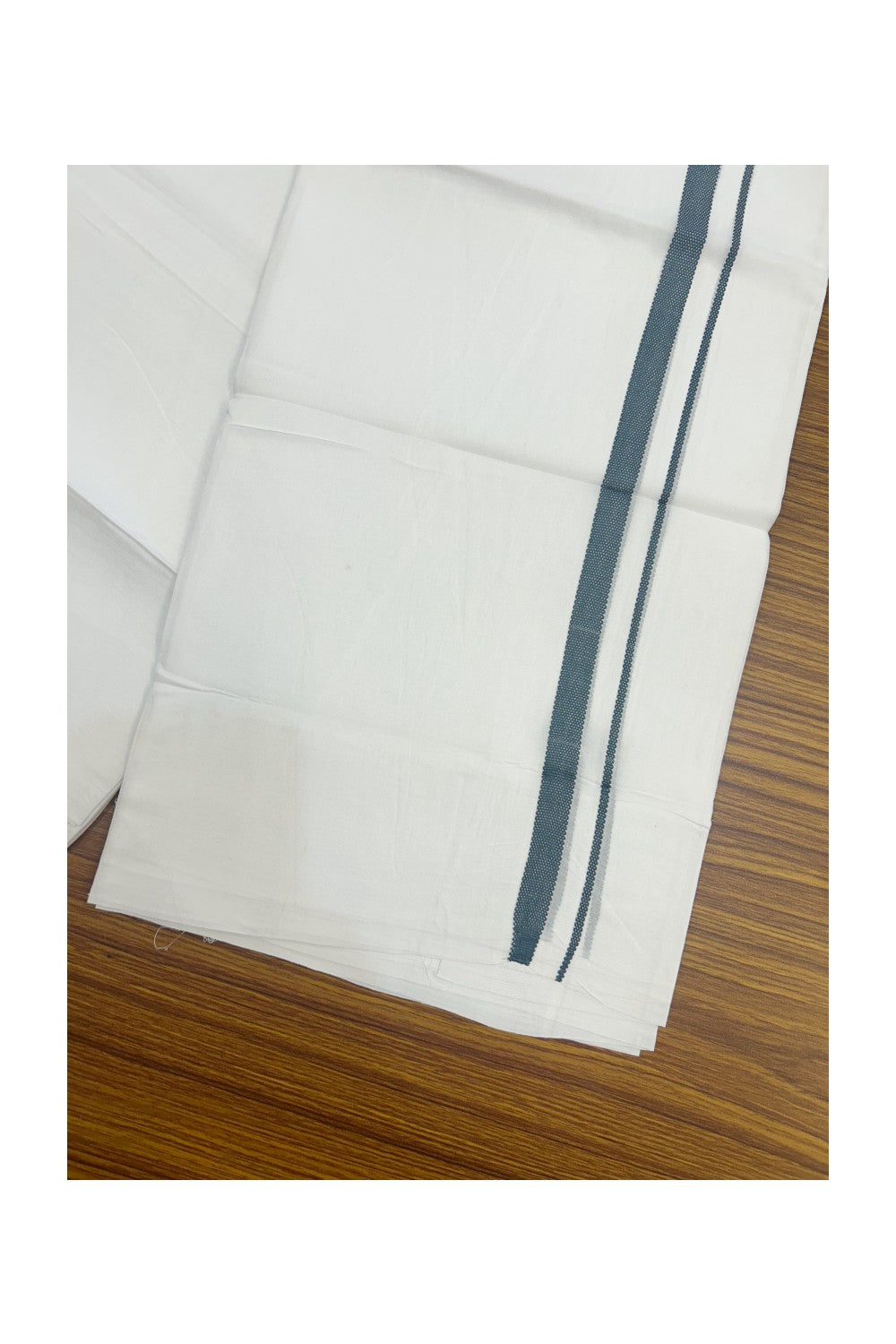 20% DISCOUNT!! KaithariKada Balaramapuram 100% Cotton PURE WHITE DOUBLE Mundu/Dhoti - 100x80 - 0.5 inch Dark Green Design Kara - 26KK5174THI