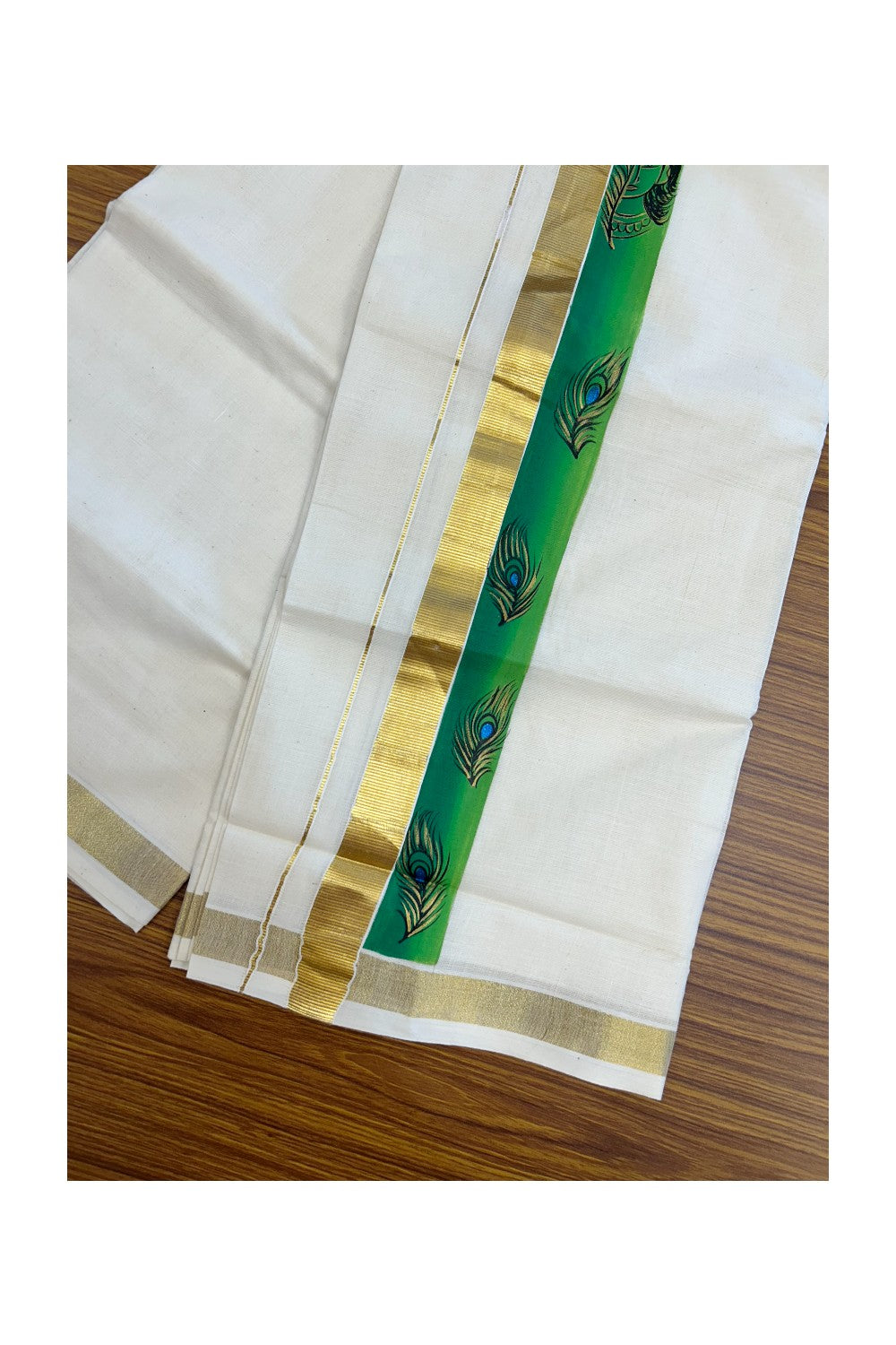 29% Discount! KaithariKada Balaramapuram 100% Cotton off white Double - (Unbleached) Mundu/Dhoti- 80x90 - Gold Kasavu HAND PAINT Dark Green & Light Green Peacock Feather Krishna Pattern 2.25 inch Kara - 26KK5212 VIN