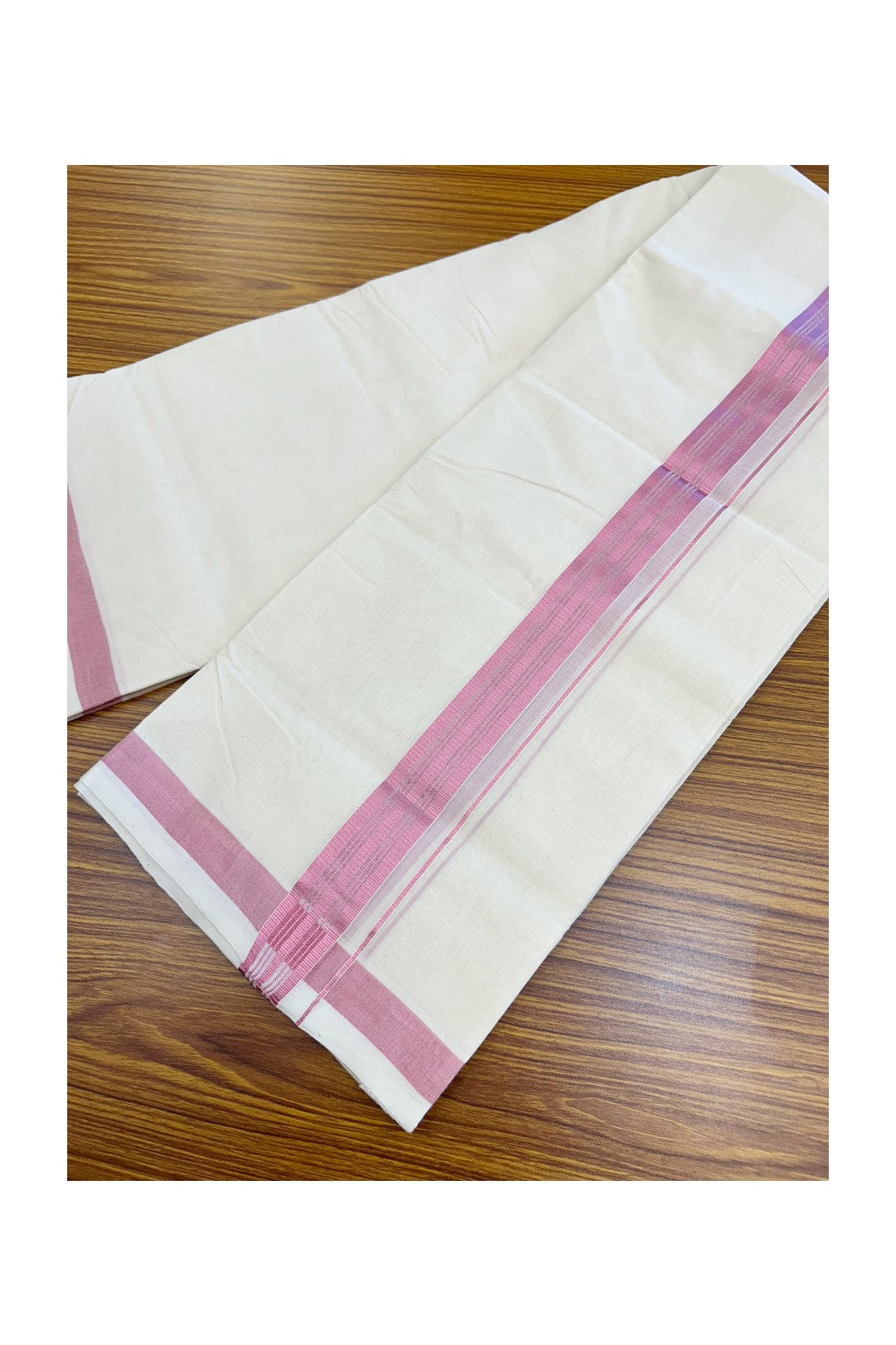 25% Discount! KaithariKada HANDLOOM MILLPAAV Balaramapuram - 100% PURE Cotton OFF White (Unbleached) Double Mundu/Dothi -80x90 - 1.5 inch ROSE PINK Kasav Striped kara 4 mtr (8.5 muzham) - 26KK5234 RAM