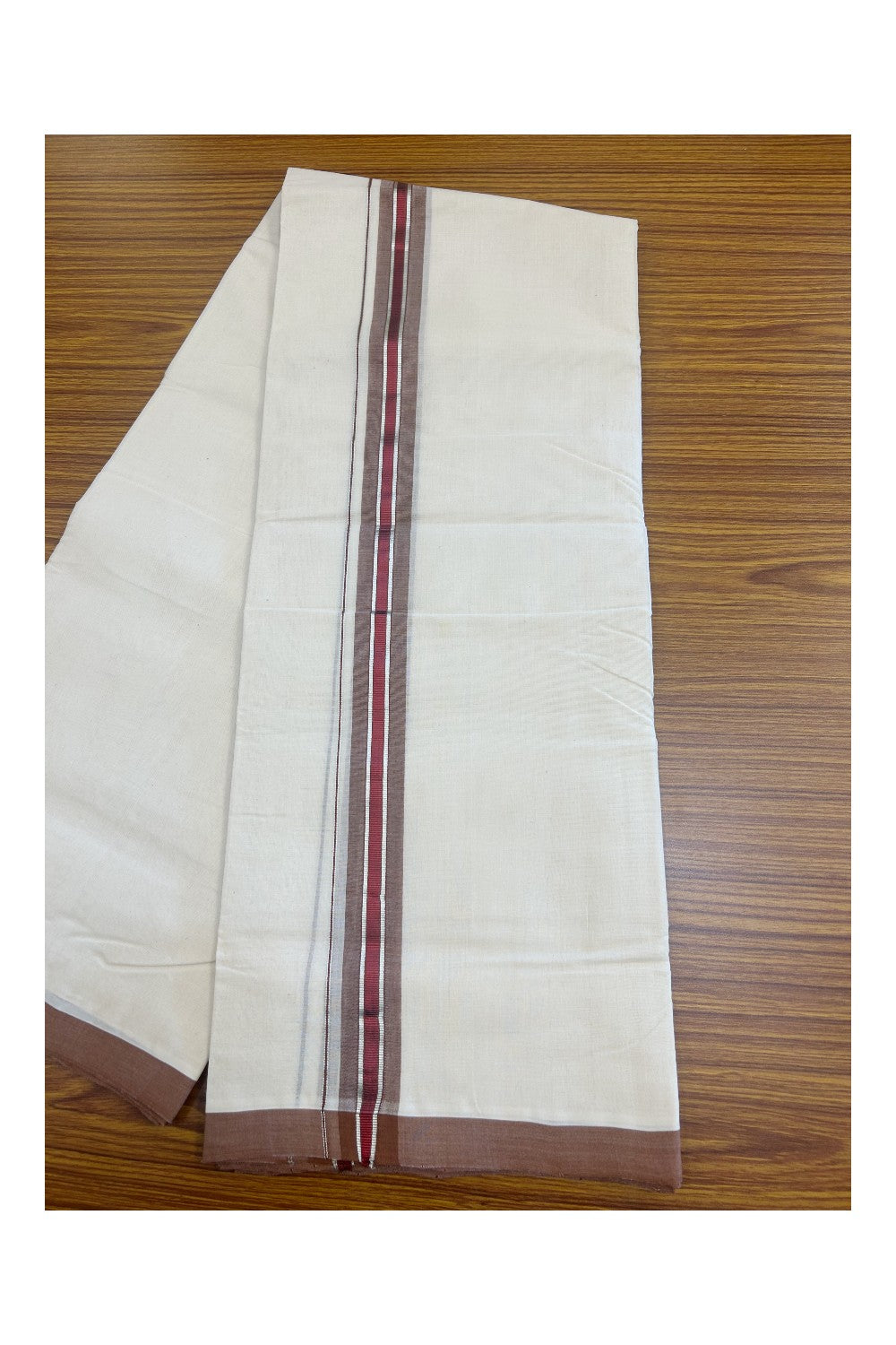 31% DISCOUNT!! KaithariKada HANDLOOM Millpaav Balaramapuram - 100% PURE Cotton OFF White Double - (Unbleached) Mundu/Dothi - 1.75 Inch Silver Red Kasav Brown kara - 26kk5153RAM