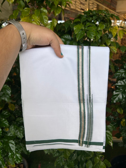 20% Discount ! NEW! KaithariKada Balaramapuram 100% Cotton Pure white Double Mundu/Dhoti - (100x80)s - 0.75 inch Dark Green Chutty Silver Kasav - 27 KK5252 CKS