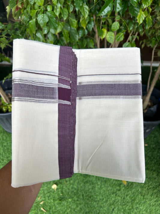 31% DISCOUNT!! KaithariKada HANDLOOM Millpaav Balaramapuram - 100% PURE Cotton OFF White Double - (Unbleached) Mundu/Dothi - 1.75 Inch Silver Kasav Dark Purple kara - 27kk5153RAM