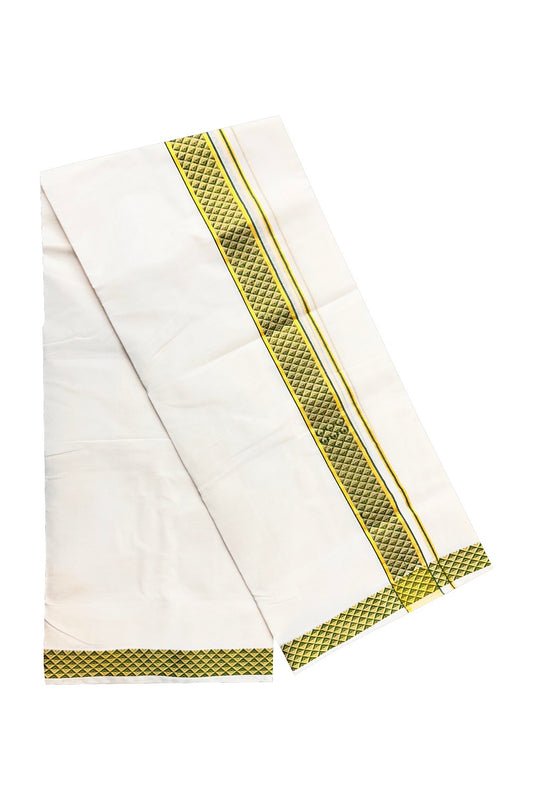 30% DISCOUNT ! KaithariKada HANDLOOM Unakkupaav Balaramapuram - 100% PURE Cotton 3.75 Meter Off White (Unbleached) Double Mundu/Dhoti - Green Check & KASAVU DESIGN 2.5 Inch KARA 3 mtr - ABH27