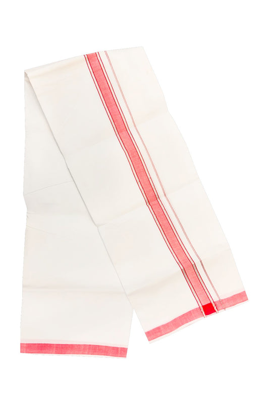 30% OFFER! KaithariKada 100% Cotton Balaramapuram HANDLOOM Single PURE WHITE Mundu/Dhoti - 2 inch (2 meter / 4 muzham) Pinkish Red Silver Kasavu Kara & Stripes Design - 27KAI.