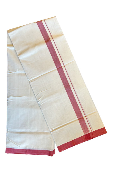 30% DISCOUNT!! KaithariKada HANDLOOM UNAKKUPAAV Balaramapuram - 100% PURE Cotton OFF White (Unbleached) Double Mundu/Dothi - 1.5 Inch Light Maroon Mulloth Kara - 27KK456KK