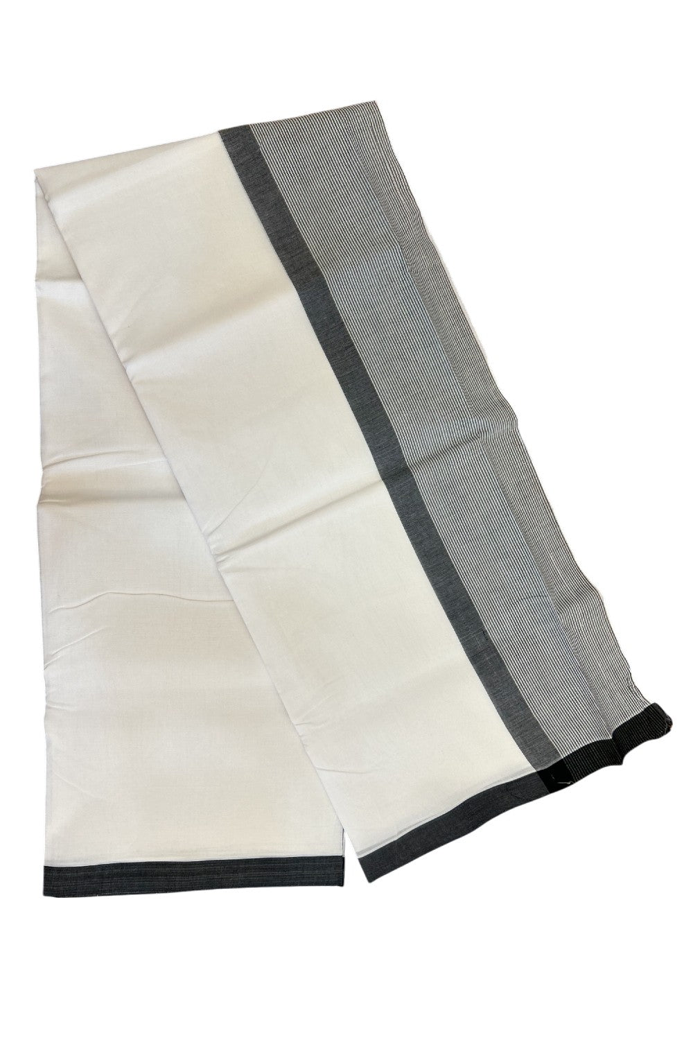 34% DISCOUNT!! KaithariKada Balaramapuram 100% Cotton PURE WHITE Double Mundu/Dhoti-100x100 - 5 inch Black & white striped kara - 27KK5043ASH