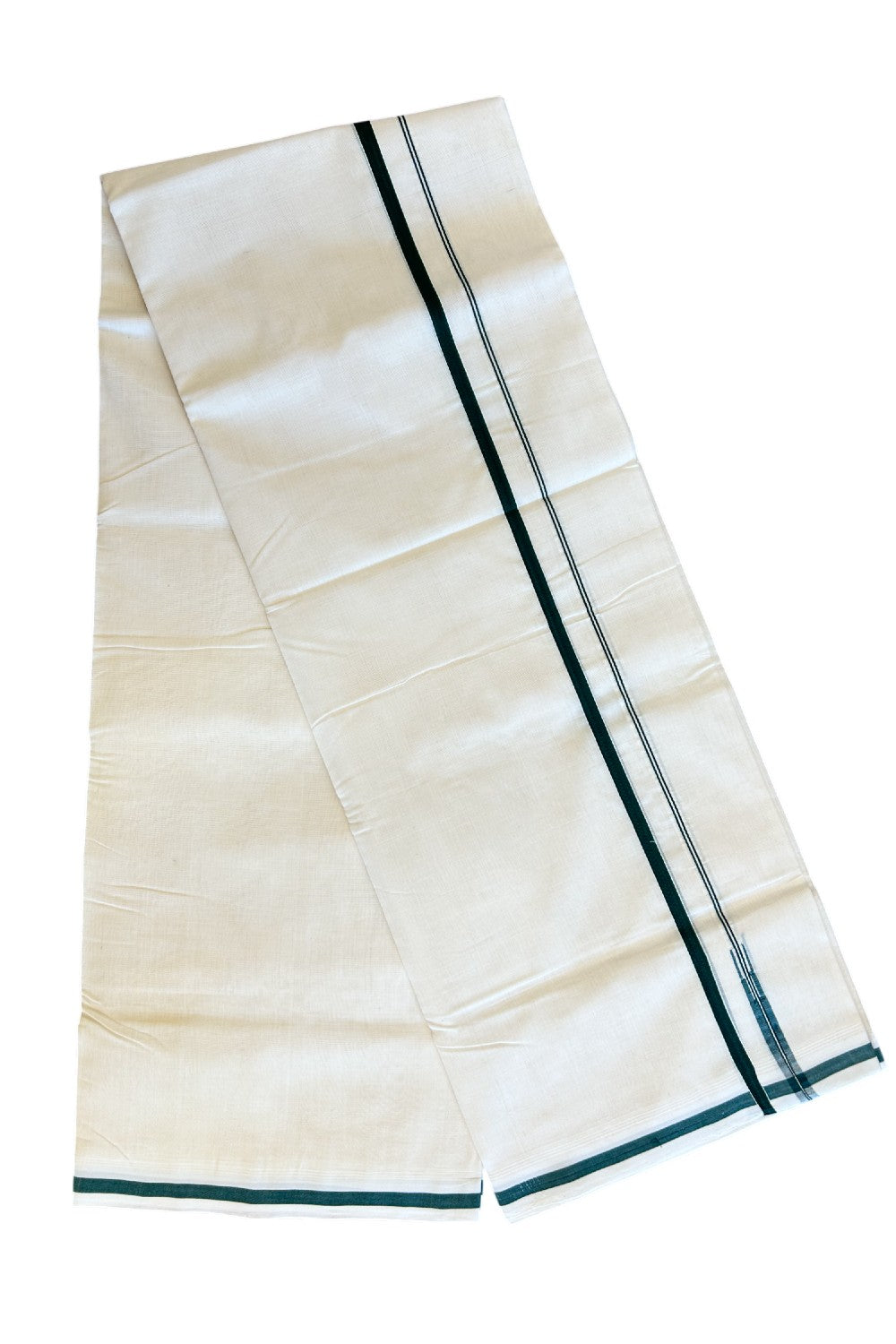 25% Discount KaithariKada HANDLOOM UNAKKUPAAV Balaramapuram - 100% PURE Cotton off white (Unbleached) Double Mundu/Dhoti -  1.cm PULIYILAKKARA Green Chutty Kara-97