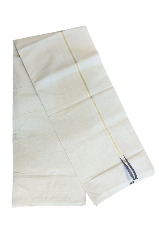 18% Discount New!! KaithariKada Balaramapuram 100% Cotton Double Off white - (Unbleached) - Mundu/Dhoti-100x100 - 1.5 cm Puliyilakkara Chutty Gold Kasavu 4 line & Dark Navy Blue Kara - 36