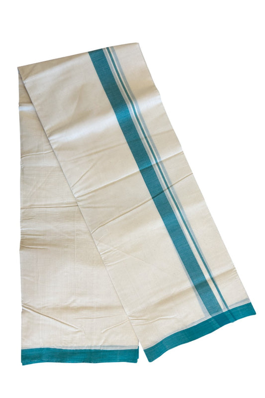 25% DISCOUNT! KaithariKada HANDLOOM UNAKKUPAAV Balaramapuram - 100% PURE Cotton off white (Unbleached) Double Mundu/Dhoti - 1.75 inch Turquoise Green Mulloth Design-92