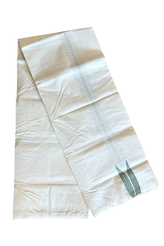 23% DISCOUNT ! KaithariKada 100% Cotton OFF WHITE - (Unbleached) Double Dhoti/Mundu-  1.5inch 12 Line Green Puliyilakkara Chutty & Silver Kasavu Stripes- 12KK411ASH