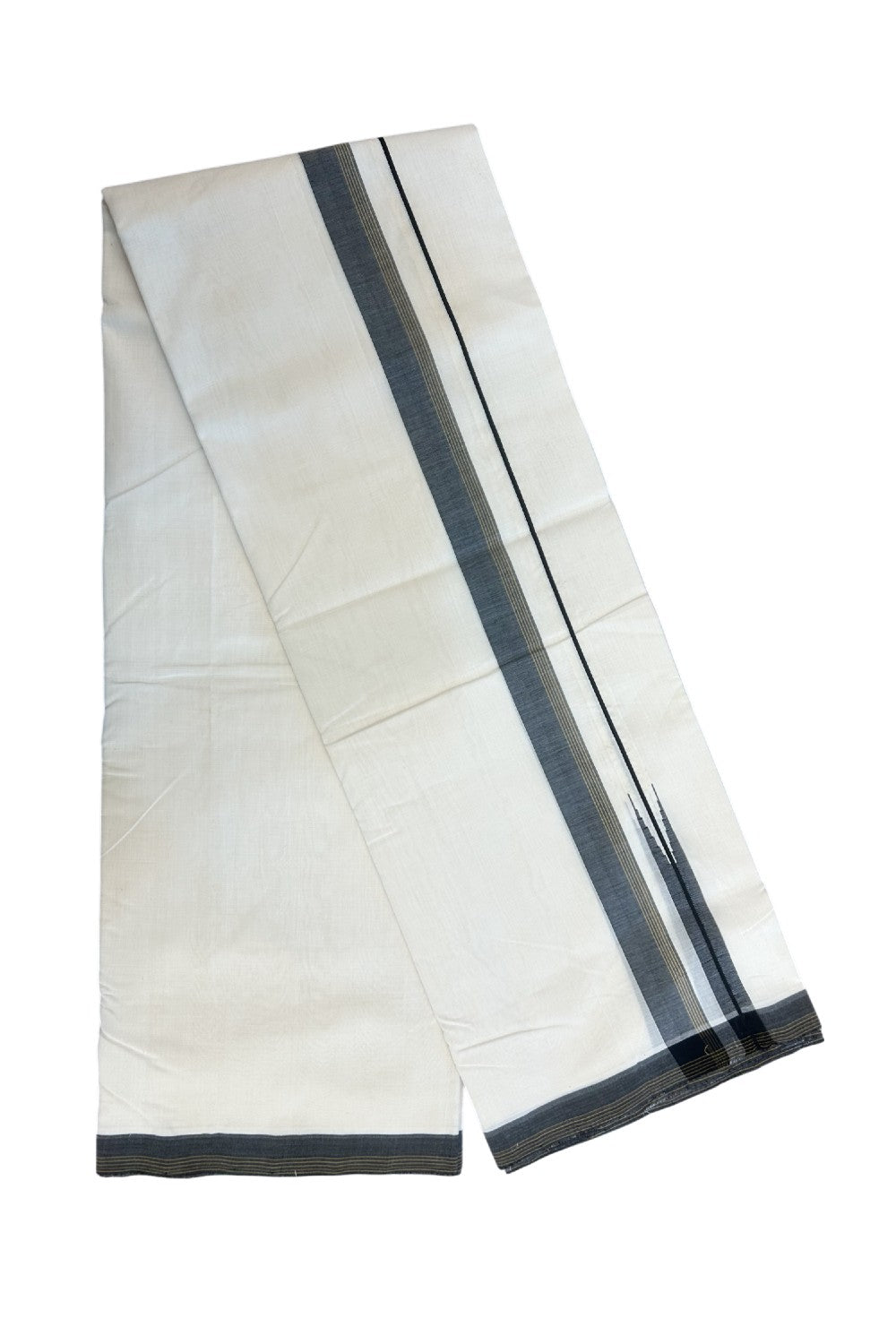 25% DISCOUNT!! KaithariKada HANDLOOM  UNAKKUPAAV Balaramapuram - 100% PURE Cotton OFF White - 100x100 - (Unbleached) Double Mundu/Dothi - Puliyilakkara 3 cm Black & Mustard Yellow striped chutty 3.80 meter (8.5 Muzham) - 9KK5167REA