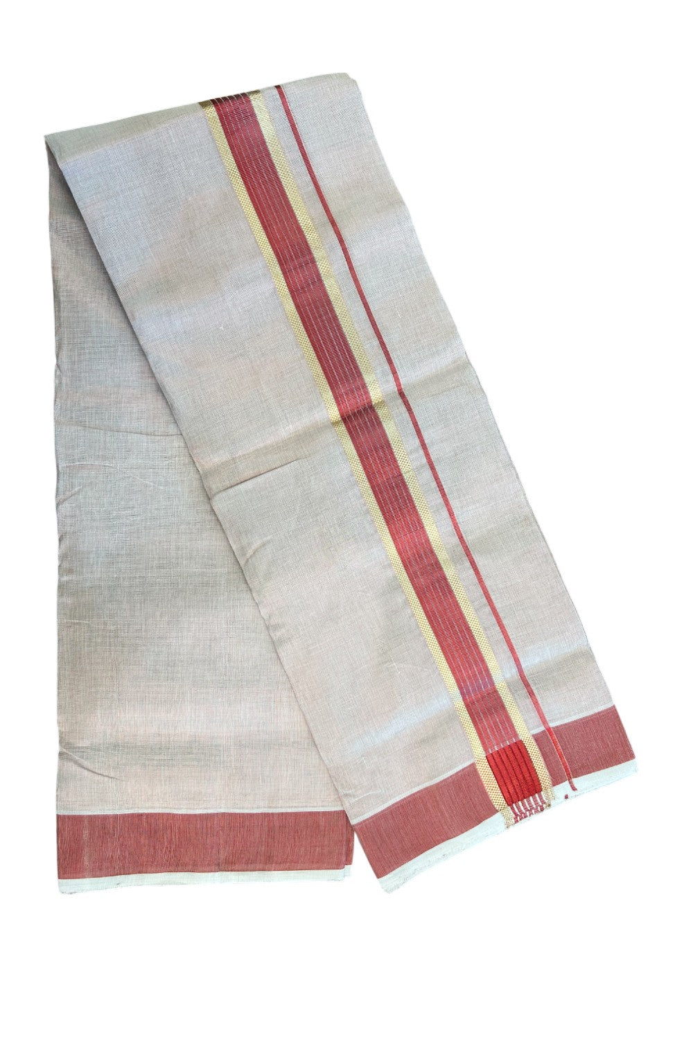 25% DISCOUNT! KaithariKada HANDLOOM MILLPAAV Balaramapuram - 100% PURE Cotton Off White (Unbleached) - Double Mundu/Dhoti - 2 inch Gold Kasavu striped kara & Dark Red Tissue Body - 24KK5170RAM