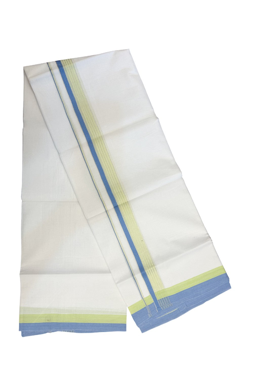 20% DISCOUNT ! KaithariKada Balaramapuram 100% Cotton Double PURE WHITE Mundu/Dhoti - 100X80 - 1.5 inch Silver kasavu Blue & Yellow Green Shaded Stripes kara - 26KK5172PMC