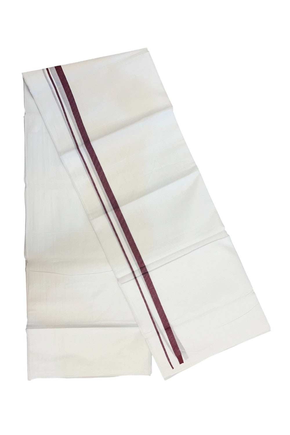 20% DISCOUNT!! KaithariKada Balaramapuram 100% Cotton PURE WHITE DOUBLE Mundu/Dhoti - 100x80 - 0.5 inch Maroon Design Kara - 27KK5174THI