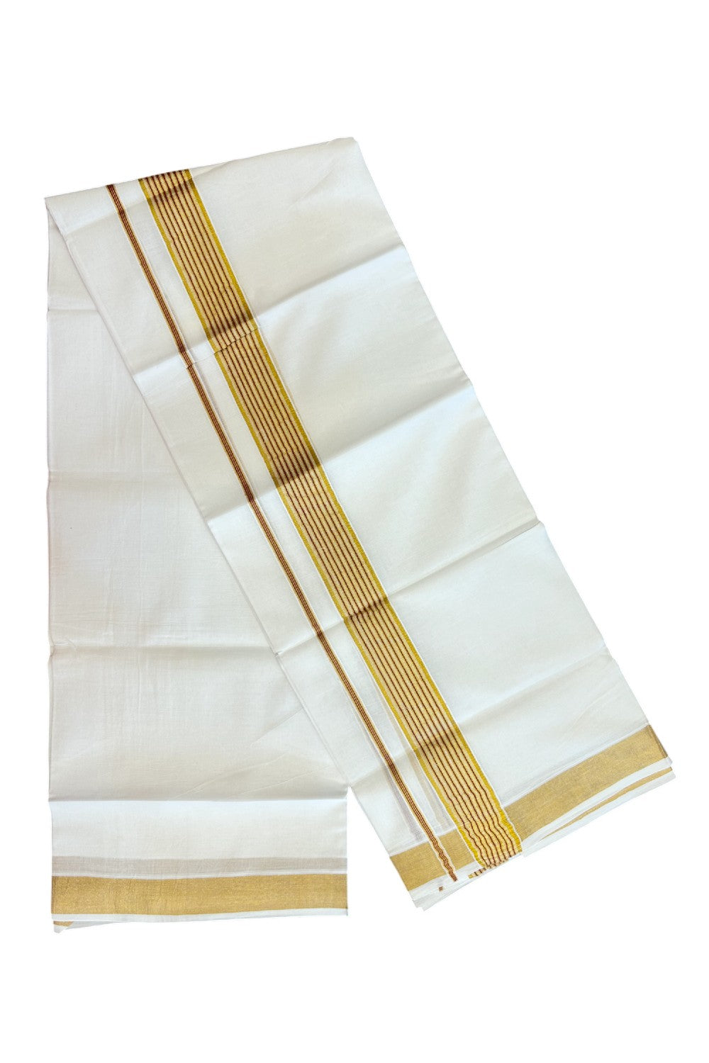 20% DISCOUNT! Kaitharikada Balaramapuram 100% Cotton PURE WHITE Double Mundu/Dothi- 80x80 - 1.75 Inch Gold Kasavu & Red striped Kara - 27KK5182VAS