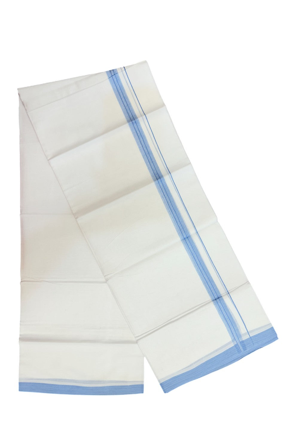 20% Discount!!! KaithariKada Balaramapuram DOUBLE PURE WHITE Mundu/Dhoti - 100X80 - 0.75 inch Sky Blue Striped & Shaded Designer Kara - 27KK5191CKS