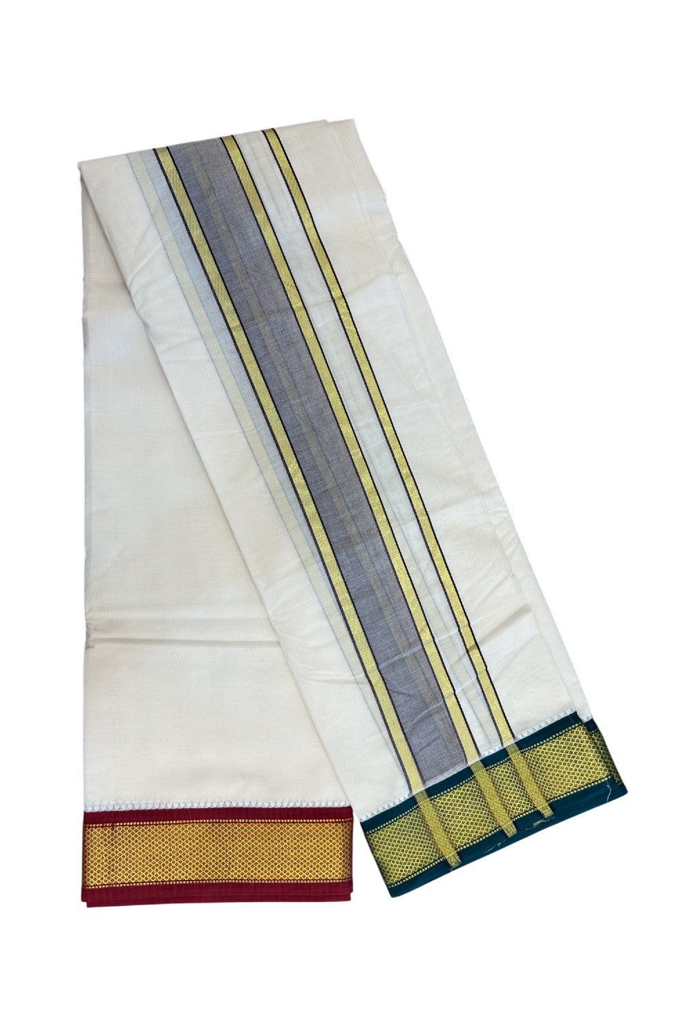 20% DISCOUNT! KaithariKada 100% Cotton Off White - (Unbleached) 100x100 thread - NORTH INDIAN- ATTACHED GAMCHA 9x5 Dhoti 2.5 inch Violet kara with Maroon & Dark Green Kasavu border - 27KK5196PMC