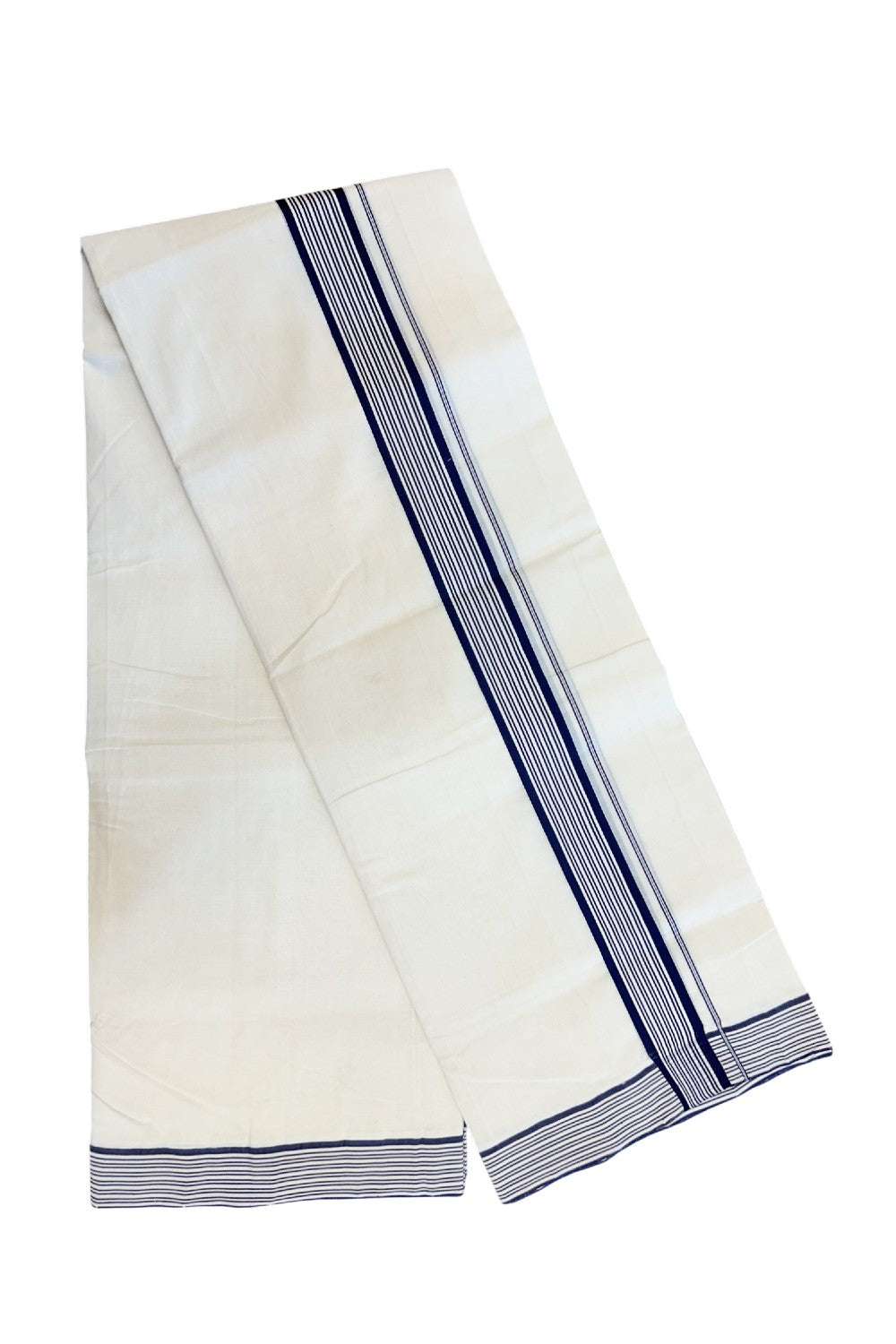 25% DISCOUNT!! KaithariKada HANDLOOM  UNAKKUPAAV Balaramapuram - 100% PURE Cotton OFF White - (Unbleached) Double Mundu/Dothi - 80X100 - 1.75 inch Navy Blue Striped Kara - 27KK5209 REA
