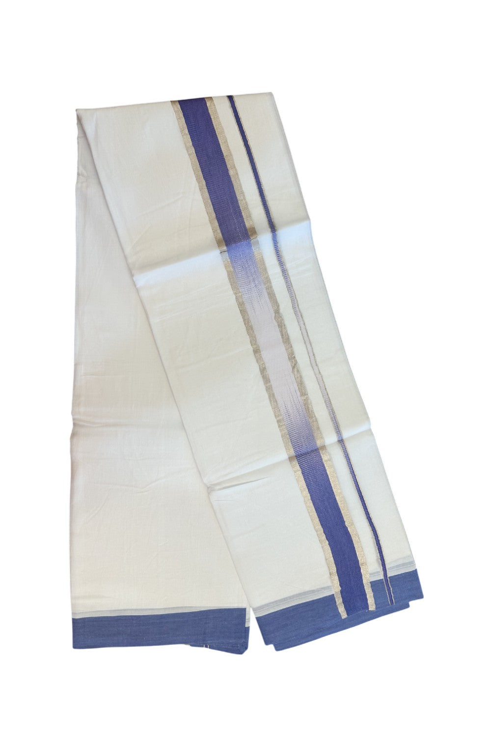20% Discount!!! KaithariKada Balaramapuram Double PURE WHITE  RAINBOW  Mundu/Dhoti - 100X80 - 1.75 inch Silver Kasavu Violet Blue shaded Striped Designer Kara - 27KK5220 THI