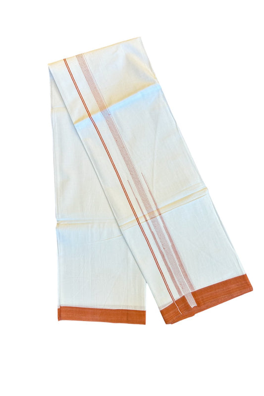 22% DISCOUNT!! Kaitharikada Balaramapuram 100% Cotton Ultra WHITE Double Mundu/Dothi-100x100 ORANGE Striped Cotton Kara 3.80m- 27KK74RAM
