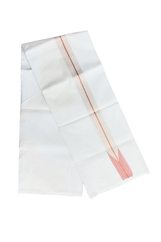 24% DISCOUNT ! KaithariKada 100% Cotton PURE WHITE Double Dhoti/Mundu-  1.75 Inch 12 Line Puliyilakkara Chutty PEACH PINK & Kasavu Stripes-KK47ASH-27.