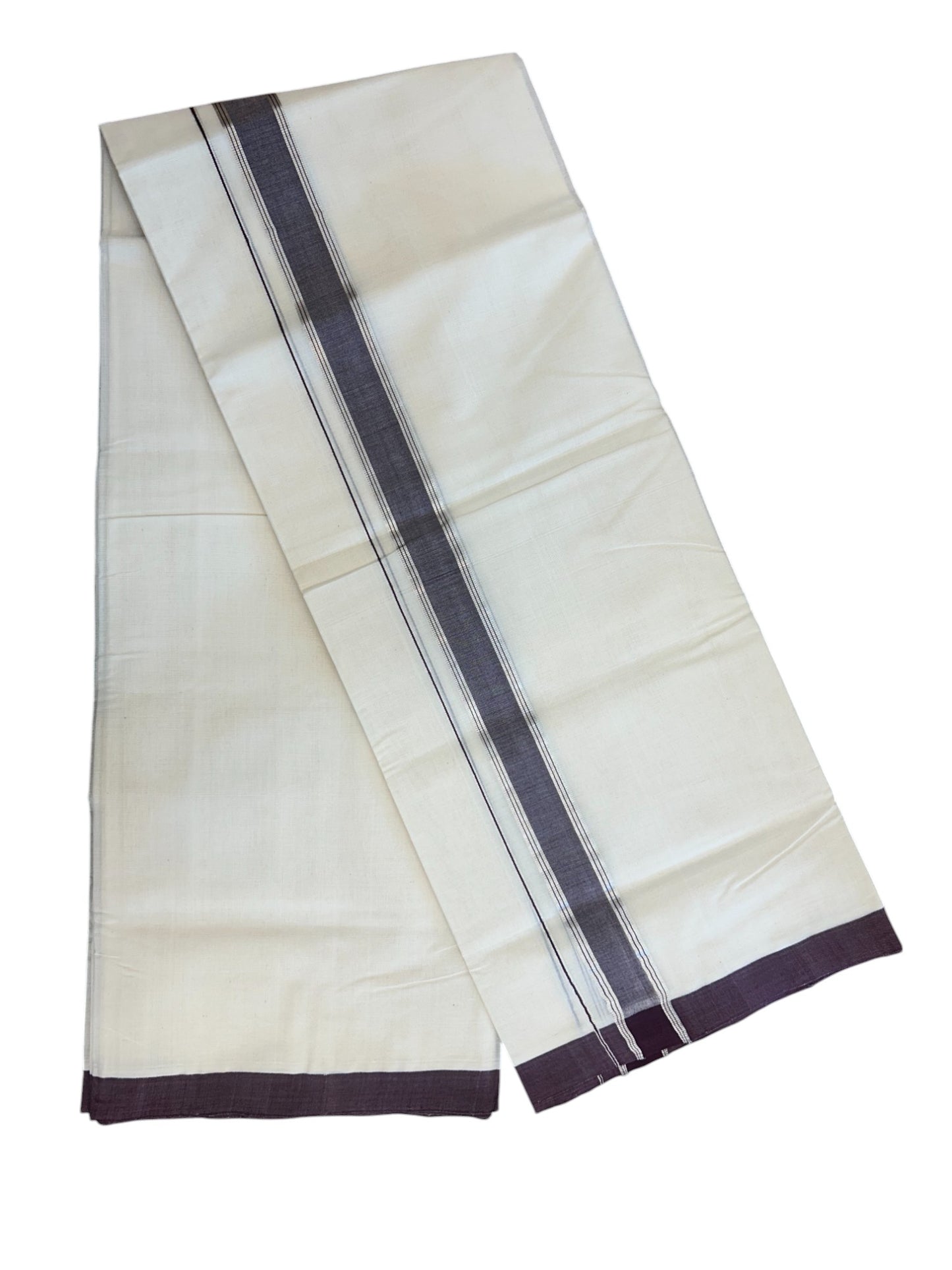 31% DISCOUNT!! KaithariKada HANDLOOM Millpaav Balaramapuram - 100% PURE Cotton OFF White Double - (Unbleached) Mundu/Dothi - 1.75 Inch Silver Kasav Dark Purple kara - 27kk5153RAM