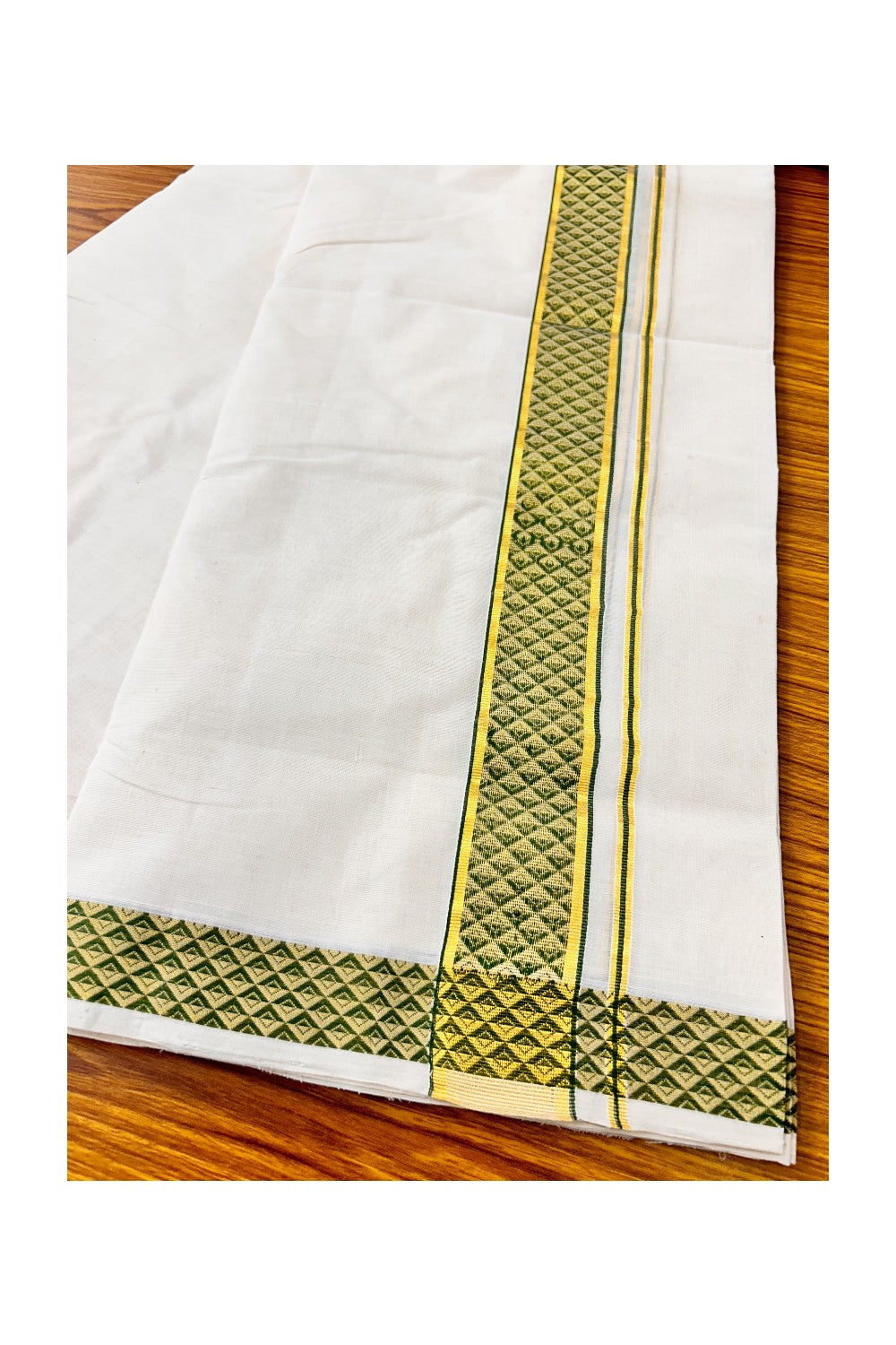 30% DISCOUNT ! KaithariKada HANDLOOM Unakkupaav Balaramapuram - 100% PURE Cotton 3.75 Meter Off White (Unbleached) Double Mundu/Dhoti - Green Check & KASAVU DESIGN 2.5 Inch KARA 3 mtr - ABH27
