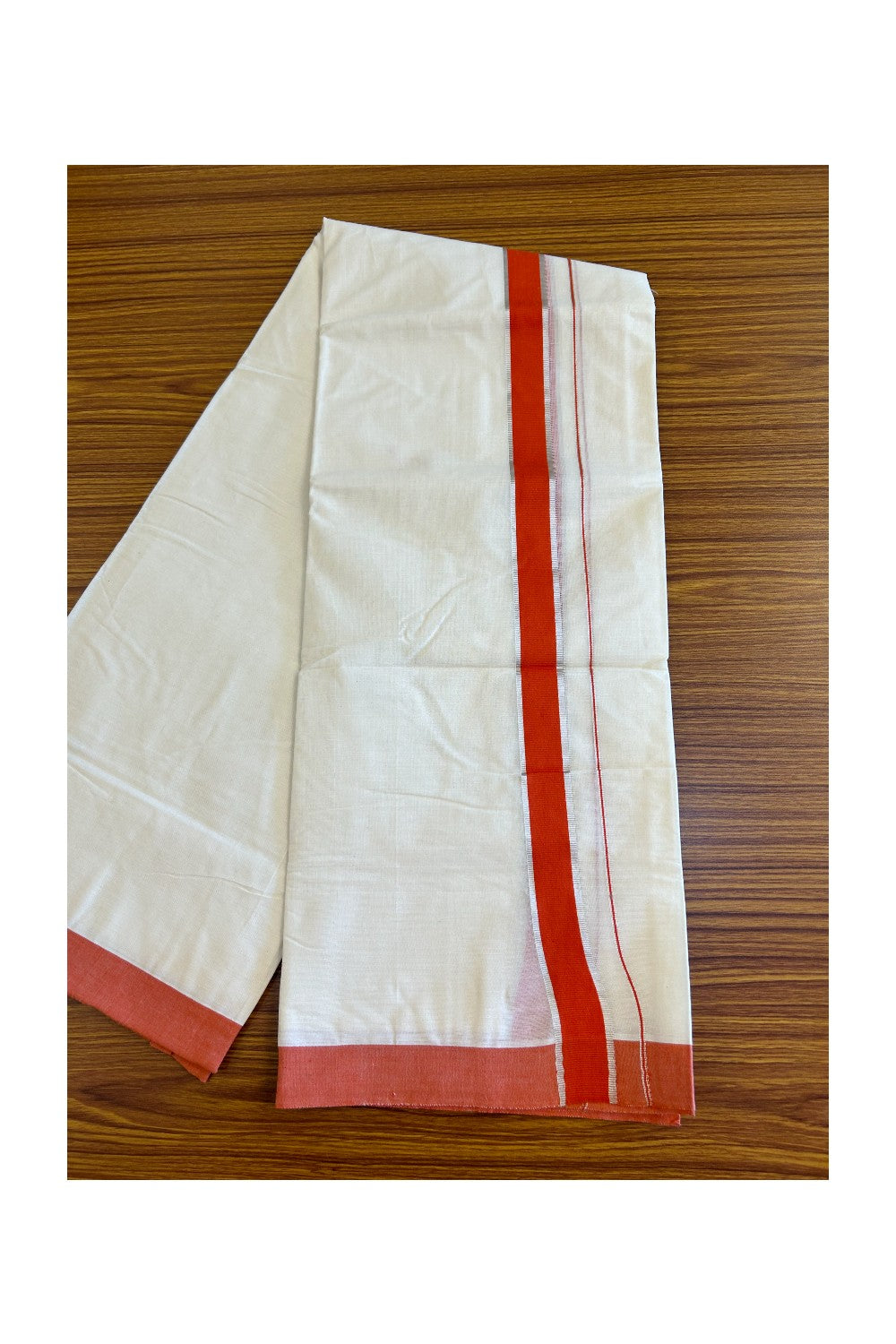 10% DISCOUNT! KaithariKada Balaramapuram 100% Cotton Double Off white - (Unbleached) Mundu/Dhoti-100X100- 2 inch Orange & Silver  Kara- 27KK500KK