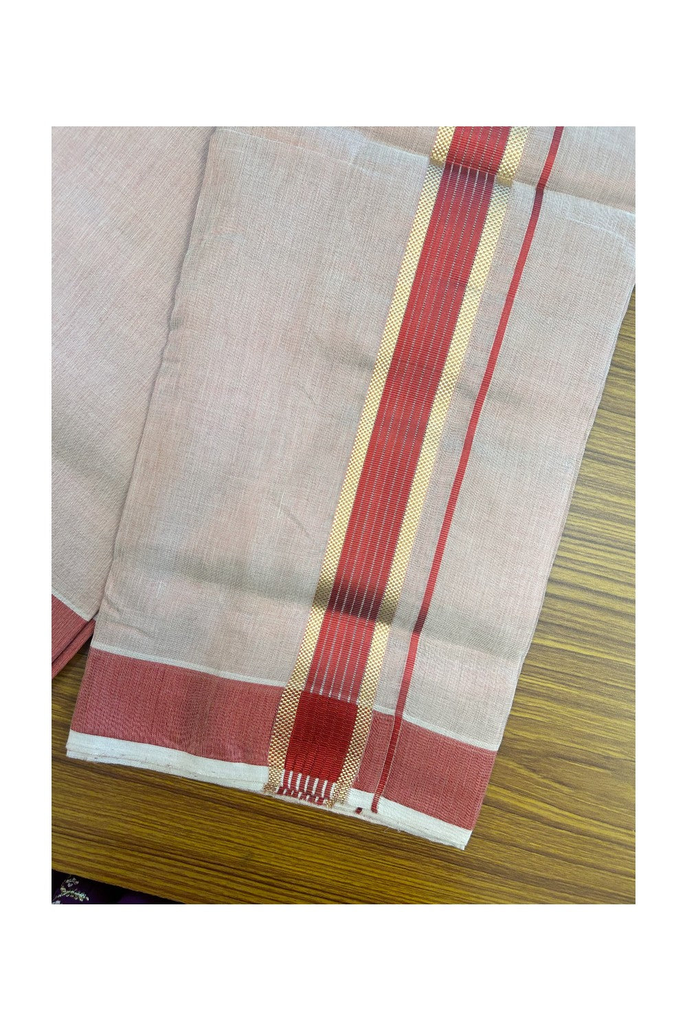25% DISCOUNT! KaithariKada HANDLOOM MILLPAAV Balaramapuram - 100% PURE Cotton Off White (Unbleached) - Double Mundu/Dhoti - 2 inch Gold Kasavu striped kara & Dark Red Tissue Body - 24KK5170RAM