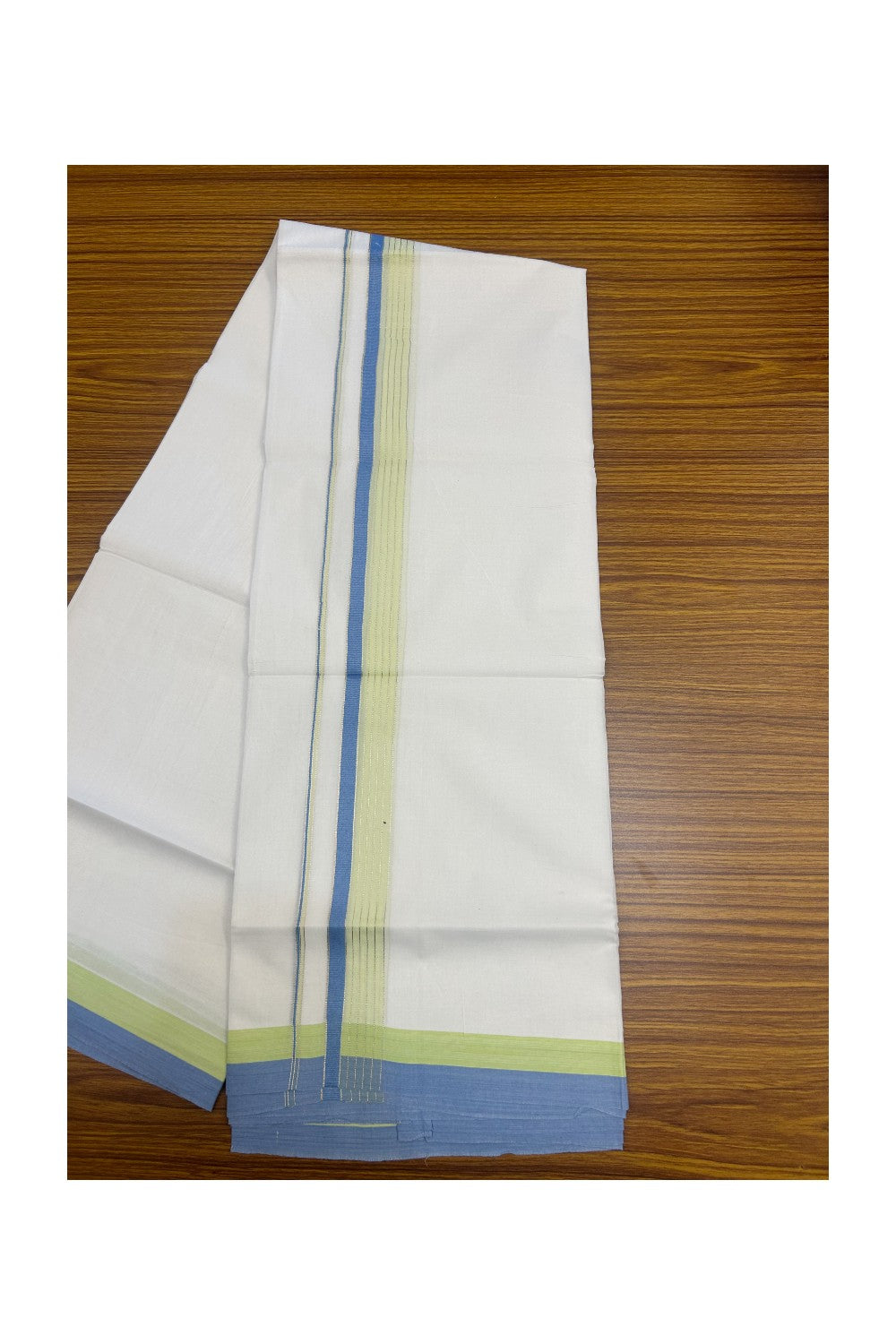 20% DISCOUNT ! KaithariKada Balaramapuram 100% Cotton Double PURE WHITE Mundu/Dhoti - 100X80 - 1.5 inch Silver kasavu Blue & Yellow Green Shaded Stripes kara - 26KK5172PMC