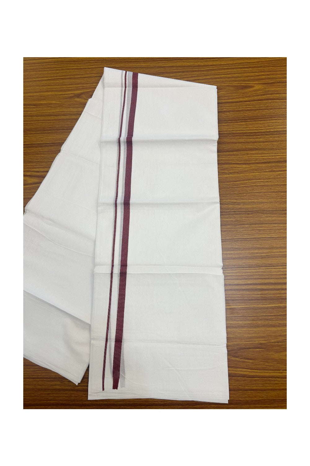 20% DISCOUNT!! KaithariKada Balaramapuram 100% Cotton PURE WHITE DOUBLE Mundu/Dhoti - 100x80 - 0.5 inch Maroon Design Kara - 27KK5174THI