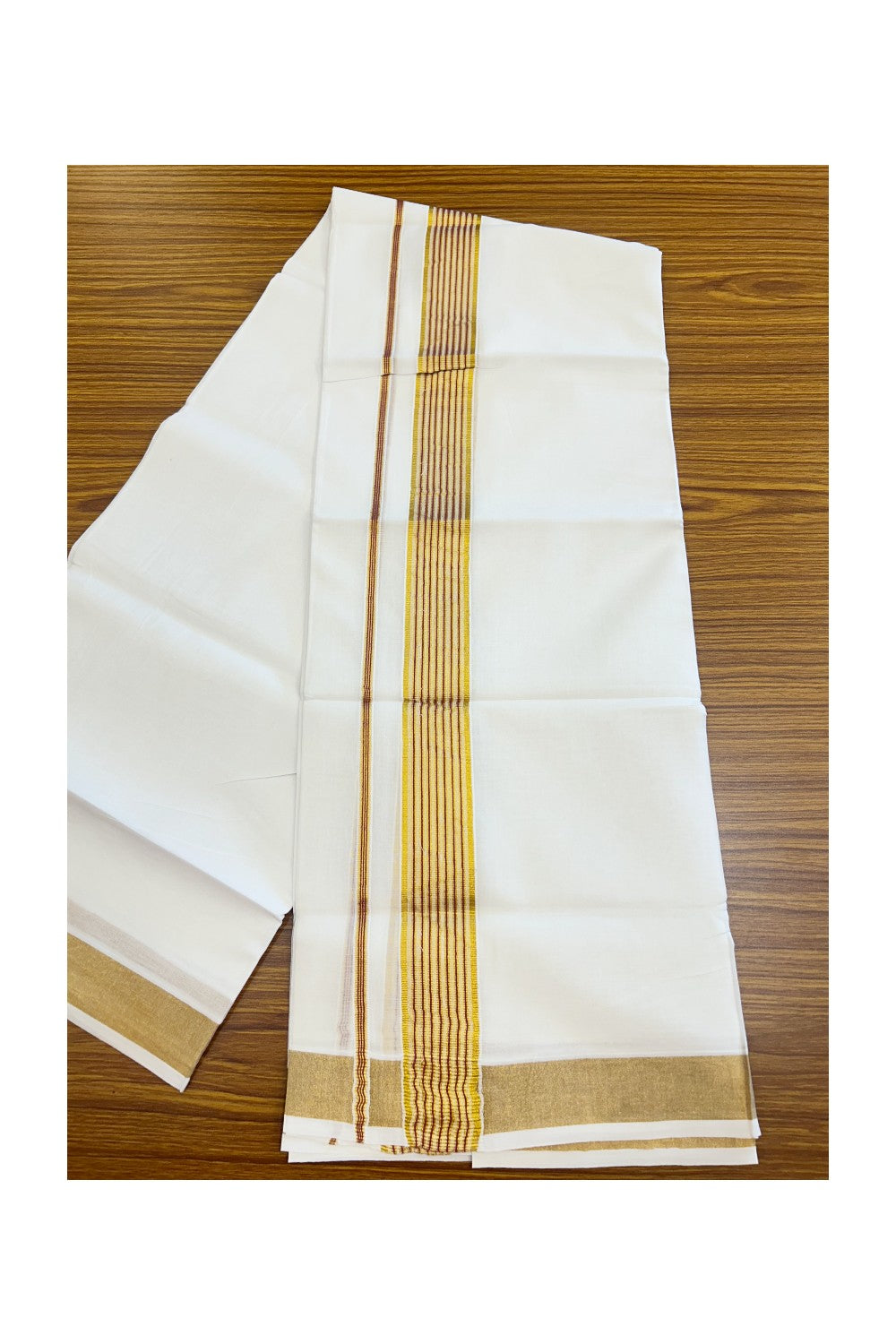 20% DISCOUNT! Kaitharikada Balaramapuram 100% Cotton PURE WHITE Double Mundu/Dothi- 80x80 - 1.75 Inch Gold Kasavu & Red striped Kara - 27KK5182VAS