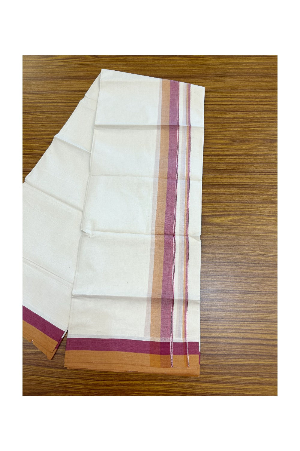 20% DISCOUNT !! KaithariKada Balaramapuram 100% Pure Cotton Double Off white - (Unbleached) Mundu/Dhoti-100x100 - 1.5 inch Puliyilakkara Silver Kasavu Mustard Yellow & Maroon Shaded Stripes Kara - 27KK5186CKS