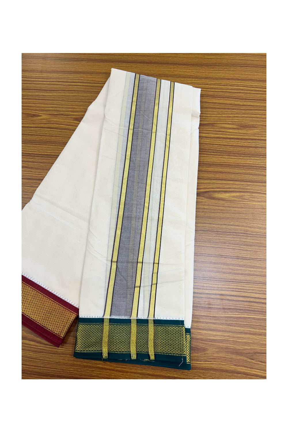 20% DISCOUNT! KaithariKada 100% Cotton Off White - (Unbleached) 100x100 thread - NORTH INDIAN- ATTACHED GAMCHA 9x5 Dhoti 2.5 inch Violet kara with Maroon & Dark Green Kasavu border - 27KK5196PMC