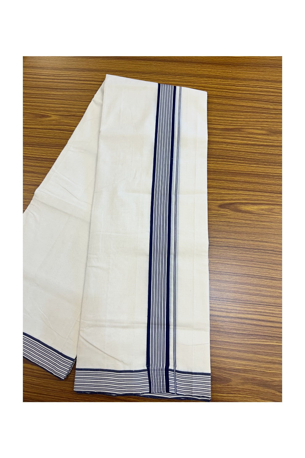 25% DISCOUNT!! KaithariKada HANDLOOM  UNAKKUPAAV Balaramapuram - 100% PURE Cotton OFF White - (Unbleached) Double Mundu/Dothi - 80X100 - 1.75 inch Navy Blue Striped Kara - 27KK5209 REA